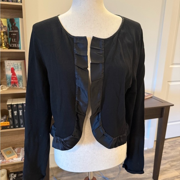LOFT |  Black Ruffle Trim Cardigan Large - Picture 1 of 4